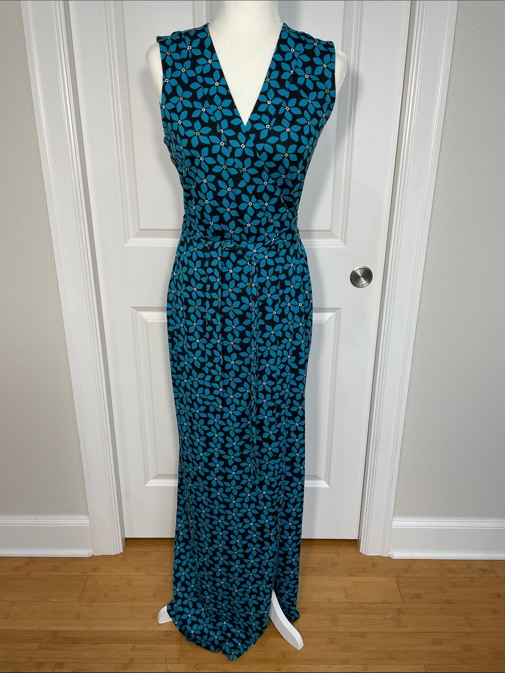 Diane von Furstenberg New YAHZI Teal Blue Floral Maxi Wrap Dress Sz 8 Sleeveless